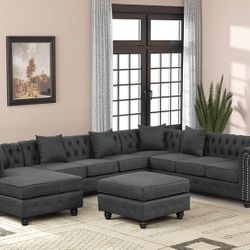 Chesterfield - U-Shaped Polyester Fabric Convertible Modular Sofa with Tufted Decorative Chaise Lounge for Living Room