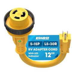 Kohree RV Adapter Plug 30 Amp to 15 Amp 110V, RV Power Electrical Adapter Cord 15A Male to 30A Female 12" with Twist Lock & LED Indicator