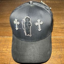 Black Baseball Cap with Rhinestone Religious Patches
