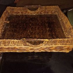 Table Top Glass And Wicker Serving Tray 