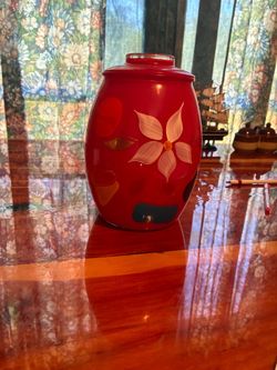 Red Ceramic Cookie Jar with Floral Design