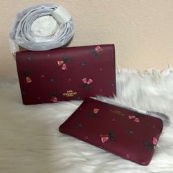 Coach Anna Foldover Clutch Crossbody and Corner Zip Wristlet With Holiday Bells