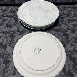 New 4 Pc Set JC Penney 11" Blue & Khaki Stoneware Floral Dinner Plates 