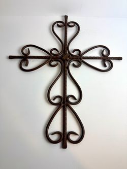 Rustic Wrought Iron Wall Cross Heart Scrollwork Dark Bronze Religious Decor