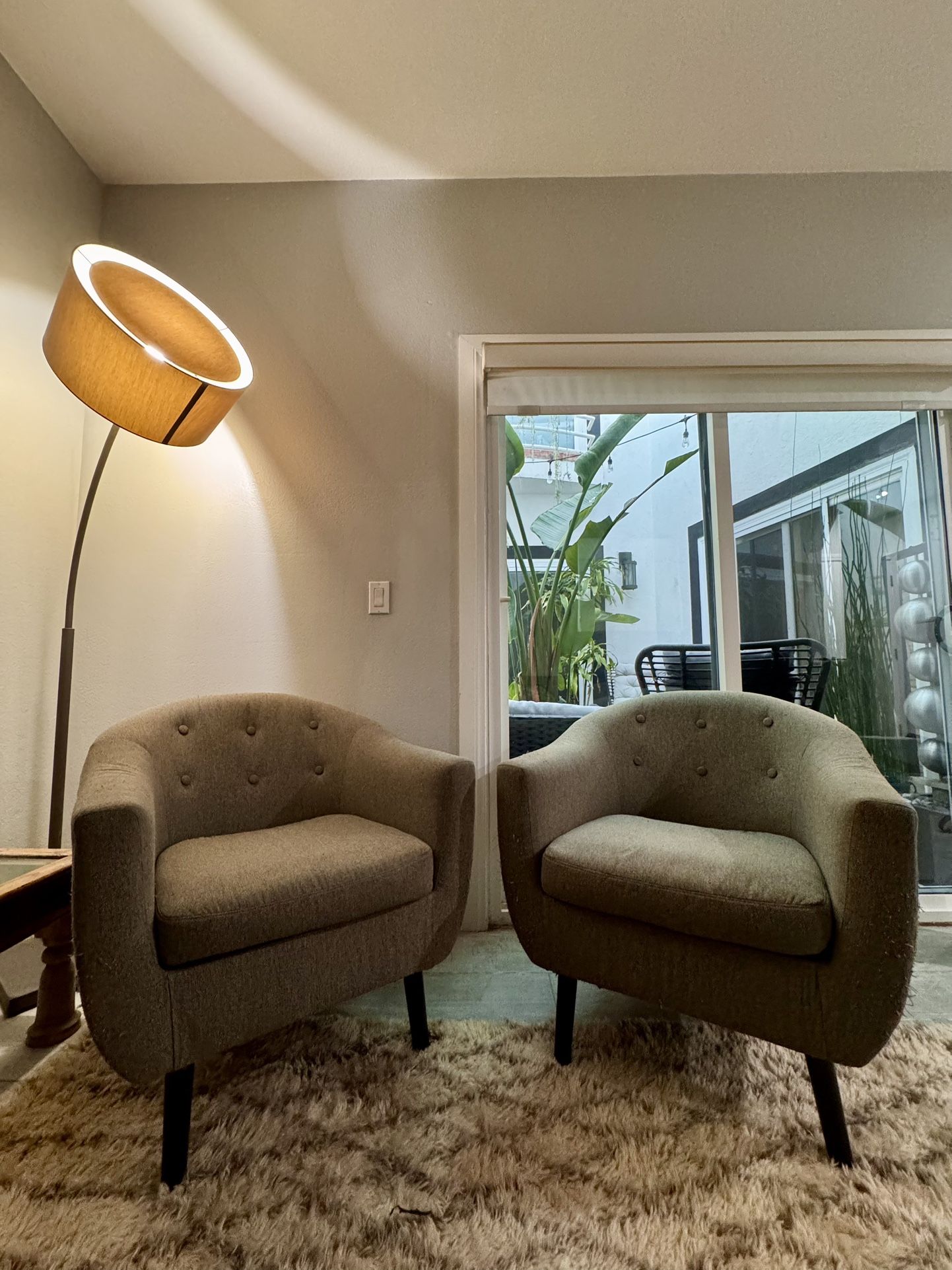 Pair (2) Grey Upholstered Tufted Barrel Captains Side Chairs