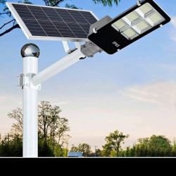 LED Solar Street Lights Outdoor, Dusk to Dawn Security Flood Light with Remote Control & Pole, Wirel