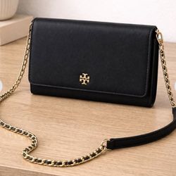 Tory Burch Black Leather Chain Wallet Crossbody – Gold Hardware