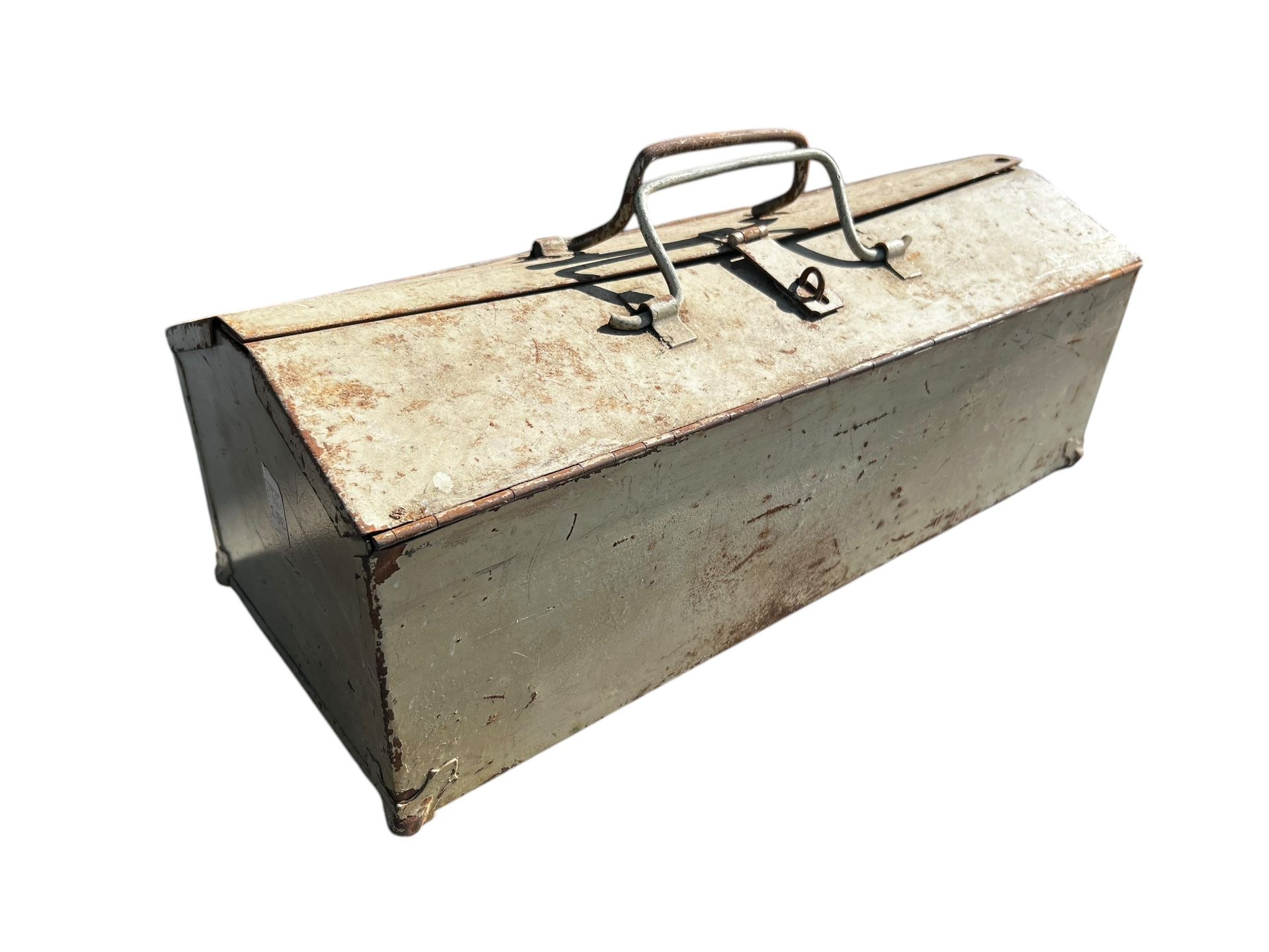 Vintage Rustic Steel Fold Hinge Top Lockable Tool Box Chest with Tray! 21x9x8in
