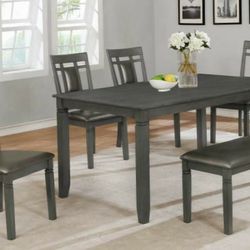 Dining Room Set Gray Farmhouse Style with Bench 4 Chairs