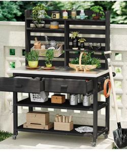 Outdoor Potting Bench with Storage Shelves on Wheels
