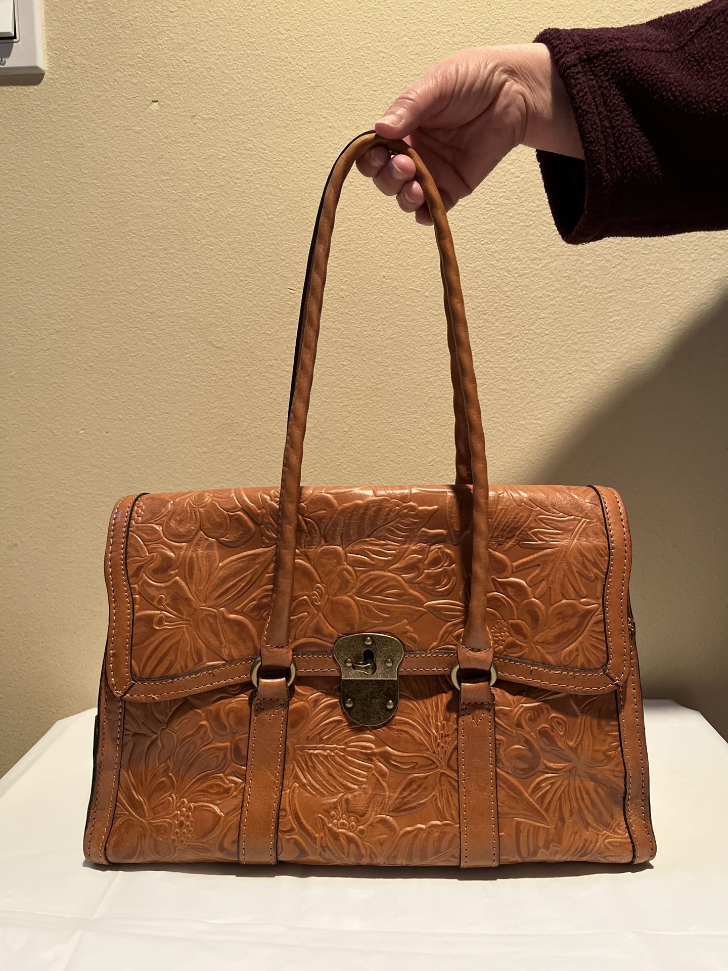 Patricia Nash Vienna Satchel Handbag Brown Tooled Leather
