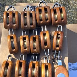 14 beautiful wood/brass/stainless steel pulleys