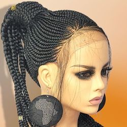 feed in cornrows braided lace wig long black wig NWOT Handmade braided wig

