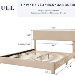 Full Size Bed Frame with Adjustable Headboard, Upholstered Platform Bed with Wood Slats, Heavy Duty Mattress Foundation, No Box Spring Needed, Noise-F