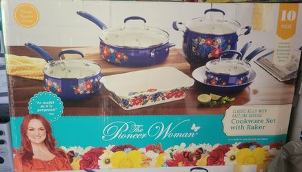 Pioneer Woman Dazzling Dahlias 17 Pc. Cookware Combo Set Ocean