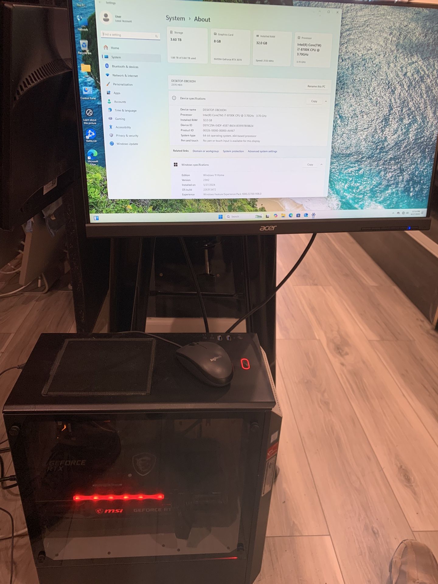 Gaming PC i7 3.2Ghz 8700K, Nvidia 3070 w/ 8GB, 32GB RAM, 960GB SSD + 2TB HDD