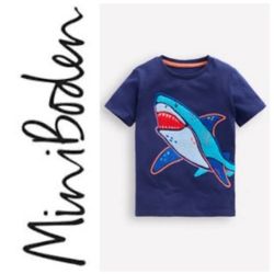 NEW! MINI BODEN Kids' Chain Stitch T-shirt Medieval Shark In College Navy 6-7Y