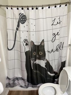 Funny Black Cat Shower Curtain + Paw Print Hooks