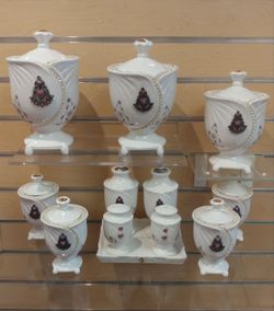 12pc Kitchen canister / storage container set ( NEW ) ceramic. white. purple