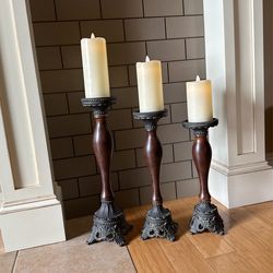 Three Candle Stands, Heavy Wood And Metal