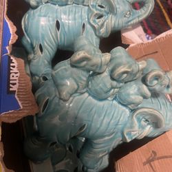 3 Blue Elephant Statues 