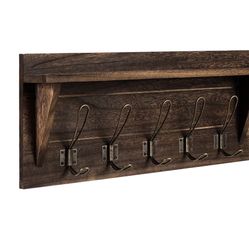 Costway Rustic Wooden Wall-Mounted Coat Rack Entryway Hanging Shelf w/5 Dual Hooks Brown