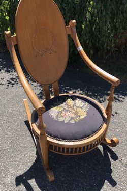 19th Century Oak Rocking Chair With Embroidered Seat