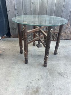Carved Wood Inlay Side Table with Glass Top