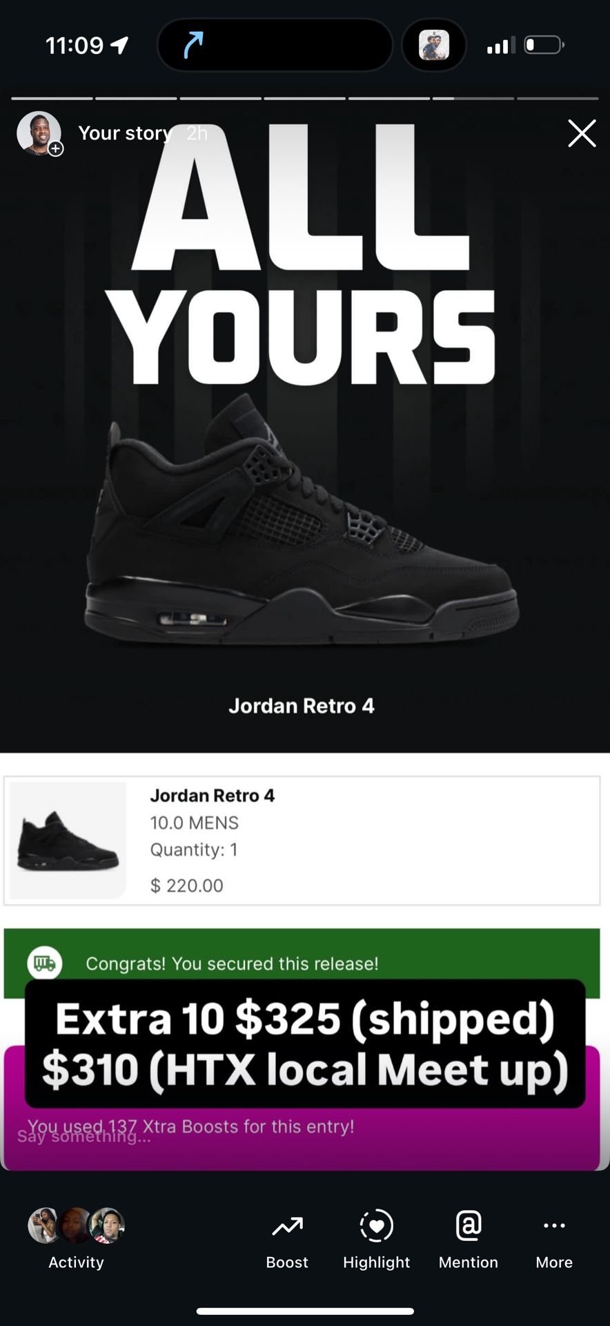 Black Cat 4s Size 10 men 4.5Y 