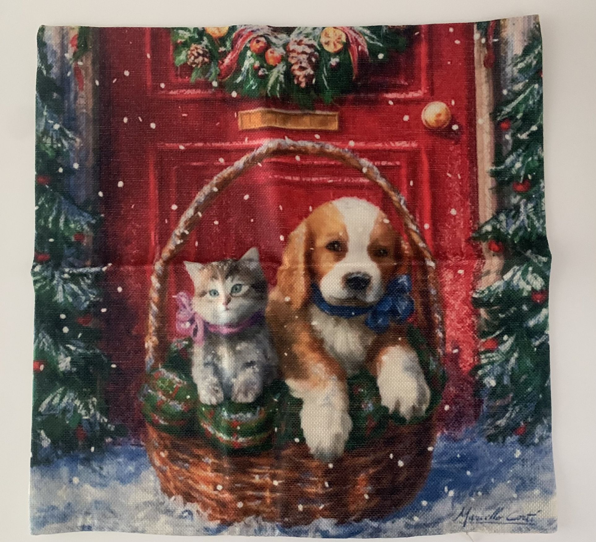 Christmas Throw Pillow Cover Winter Dog & Cat Holiday Decor 17” by 17”