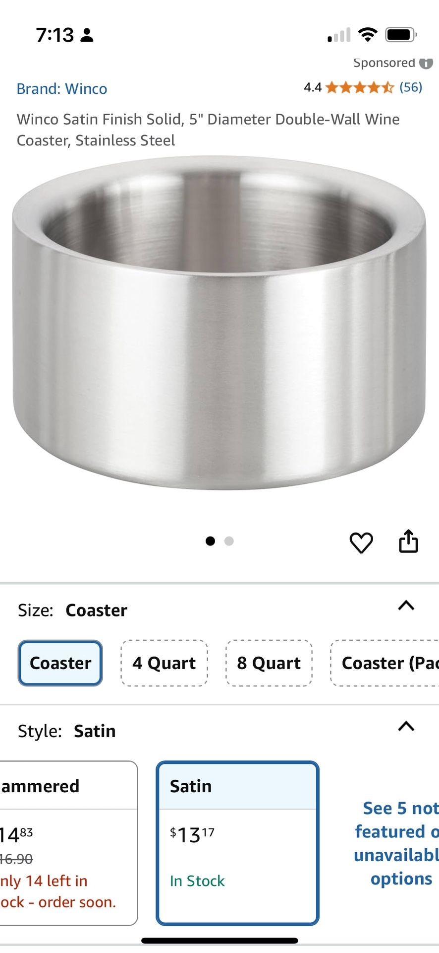 Winco Stainless Steel Double Wall Wine Coaster Cooler 5” Smooth Satin Finish