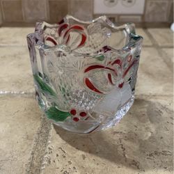 Mikasa Crystal Holly Christmas Bells TEA LIGHT OR VOTIVE candle holder 3.25 In.