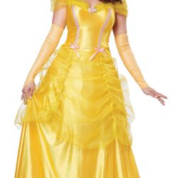 Womens Beauty and the Beast Belle Fairytale Princess Long Dress Gown Adult Sized Costume, Yellow, Small US with gloves 