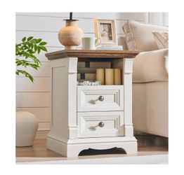 (Only One Night Stand )Farmhouse Nightstand with Charging Station, 18" End Table with 2 Drawers Storage, Wood Side Table w/Roman Column