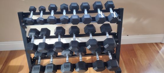 RUBBER HEX DUMBBELLS SET:
5-50lb. WITH THE RACK.