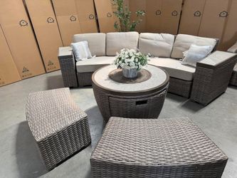 Wicker Sectional with fire pit.