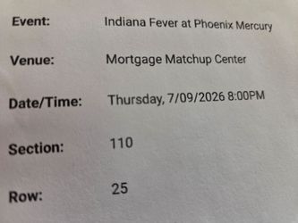 Two Phoenix Mercury vs. Indiana FeverTickets for sale.