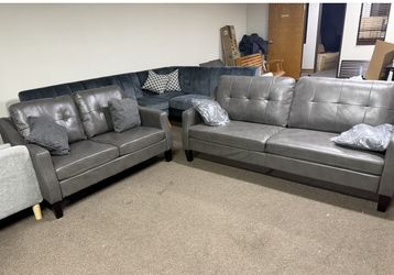 Faux Leather Sofa Loveseat Set with Wood Frame
