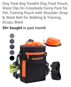 Dog treat bag with water tray and accessories