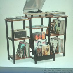 NEW Tall Record Player Stand. W/Vinyl Storage. Vinyl Record Stand with 3 Tier Shelf, Front Pouches. Versatile Music Table Cabinet for Books