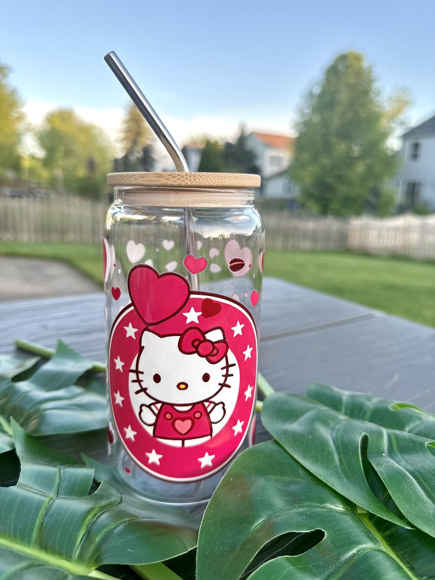 16oz Glass Cup With Bamboo Lid And Metal Straw