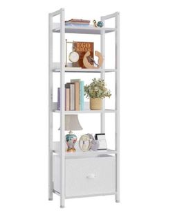 White 4 Tier Bookshelf with Drawer, Small Narrow Bookcase with Shelves, Moder...