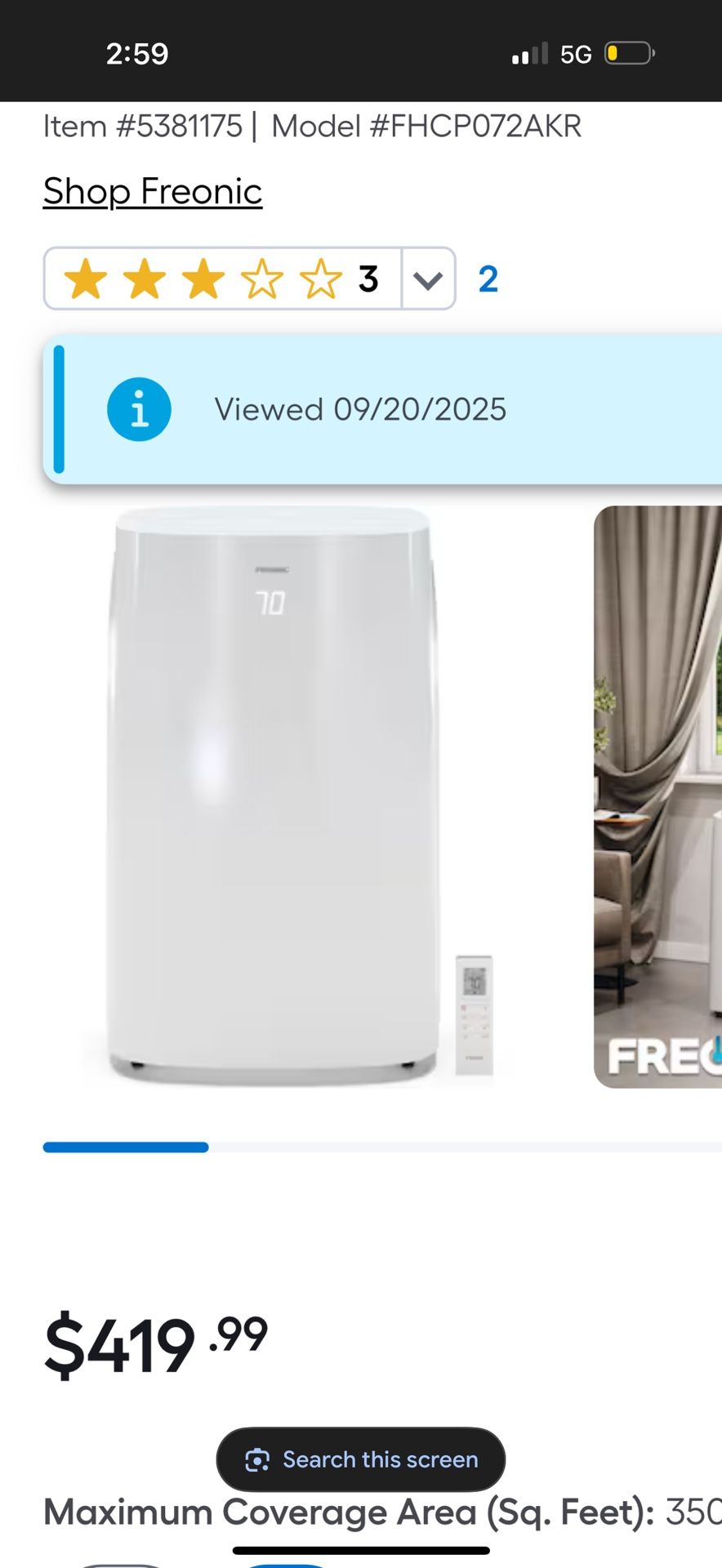 Freonic 7500 BTU DOE 115-Volt Vented Medium Room Portable Air Conditioner Remote Included