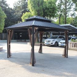 NEW IN BOX 10 ft x 12 ft Heavy Duty Double Roof Iron Gazebo W/Mosquito Netting Permanent Year Round