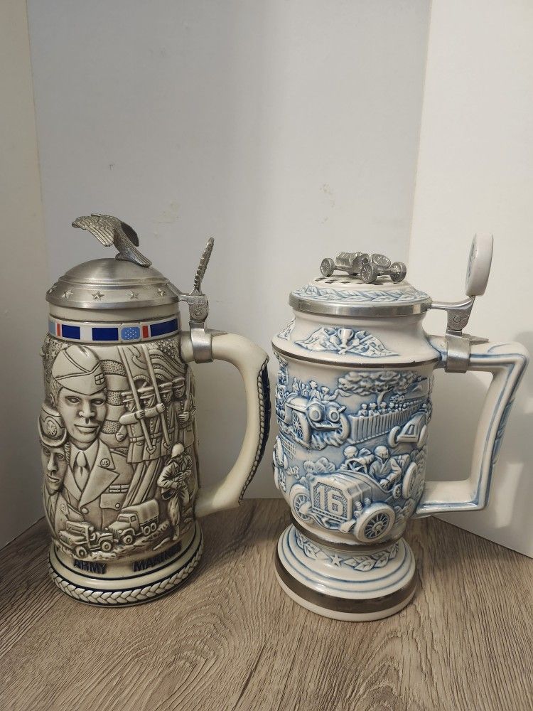 "Tribute to the American Armed Forces" Ceramic Beer Stein AVON 1990 Military & ONE RACING CAR 1989