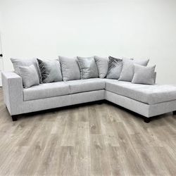 NEW IN  BOX - Dove Grey Fabric Sectional With Accent Pillows -Finance Available $54 down