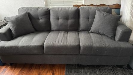 Gray Fabric 3-Seat Sofa with Tufted Cushions