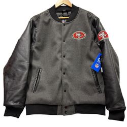 Size L San Francisco 49ers Varsity Jacket  faux Leather Black Pockets Mens