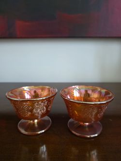 Pair of Federal Glass Normandie Marigold carnival glass dessert cups.