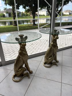 COOL PAIR REDUCED! 26” Gold Metal Leopard Cheetah Panther End Side Table Nightstands. 23” Round Thick Glass Top. 2 Only $600 FIRM 1 Just $350 FIRM!